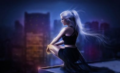 Girl on roof, building, fantasy, art