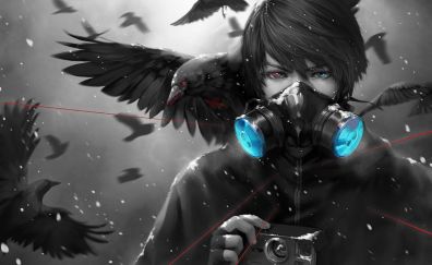 Anime boy, dark, mask, crows, art