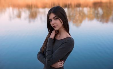 Cute brunette, model, lake, reflections
