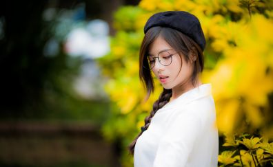 Asian model, outdoor, blur, glasses