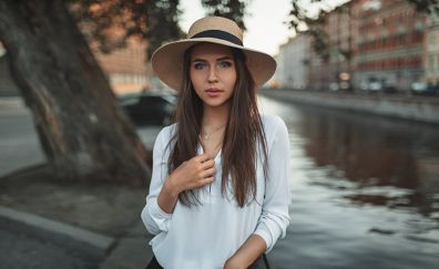 Brunette, hat, white top, girl model, outdoor