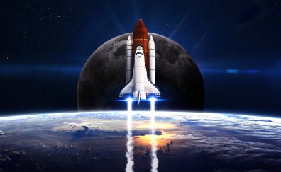 Space shuttle, moon, earth, space