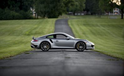 Porsche 911 Turbo, sliver sports car, side view, road