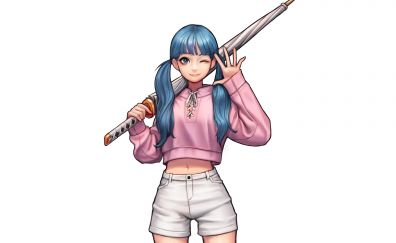 Urban anime girl, short jeans, umbrella