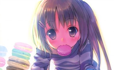 Anime girl, original, eating, macaroons