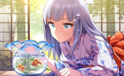 Original, anime girl, play, fishes