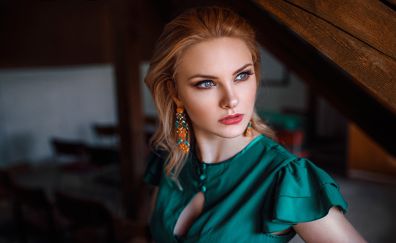 Blonde, girl model, beautiful eyes, green dress