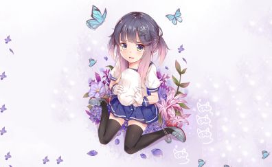 School dress, cute anime girl, original, sit