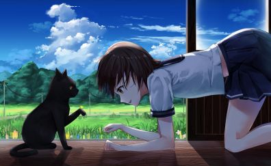 Black kitten, cute anime girl, play, original