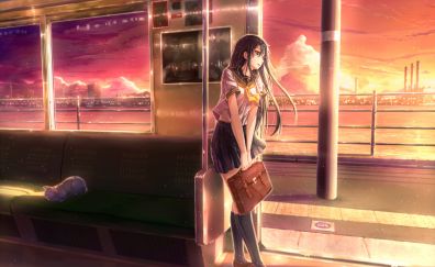 Rain, station, wait, anime girl, original