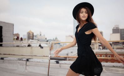 Hat, walk, girl model, black dress