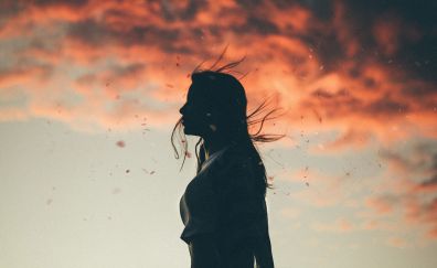 Sunset, girl, dust, clouds