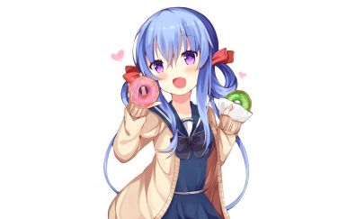 Blue hair, cute, smile, food, anime girl, original