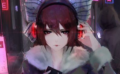 Red eyes, anime girl, head phone, original, art