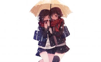 Anime girls, snowfall, umbrella, original, friends