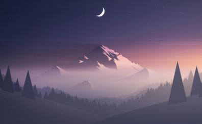 Mountains, moon, trees, landscape, minimalism