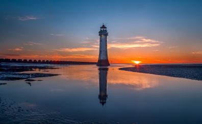 Lighthouse, sunset, skyline, sea, reflections