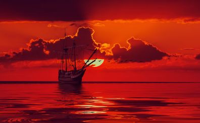 Sunset, ship, sea, clouds, art