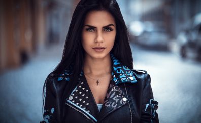 Leather jacket, girl model, brunette