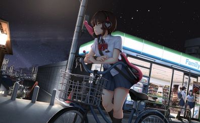 Cycling, anime girl, street, original