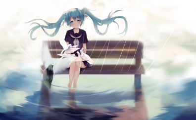Hatsune miku, sitting on bench, outdoor, rain, 4k
