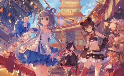 Anime girls, market, fun, outdoor, original