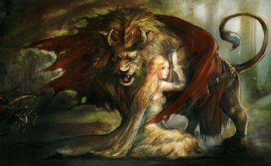 Fantasy, Beast, lion, girl, art