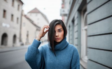 Brunette, girl model, turtleneck sweater