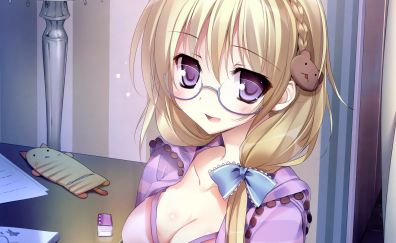 Hot anime girl, purple dress, blonde, original, smile