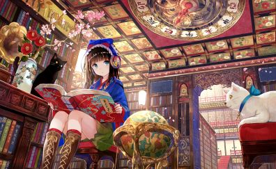 Library, reading, book, anime girl