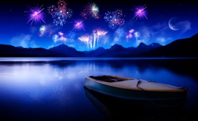 New year, 2018, fireworks, boat, reflections