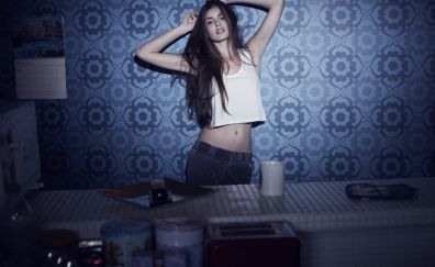 Arms up, girl model, white top