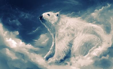 White polar bear, clouds, art, 4k