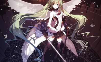 Hatsune miku and sword, wings, anime girl