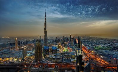 Burj Khalifa, dubai, city, night, buildings, aerial view
