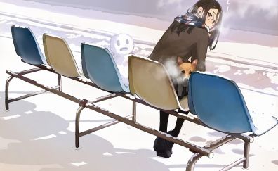 Winter, cute anime girl, sitting on bench