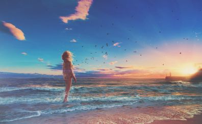 Girl at Beach, sunset, anime