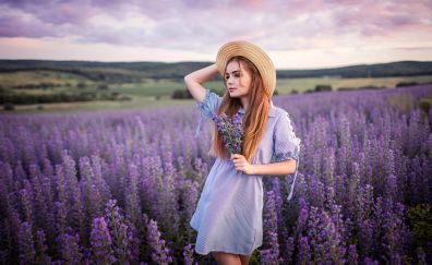 Outdoor, flower farm, blonde, girl model