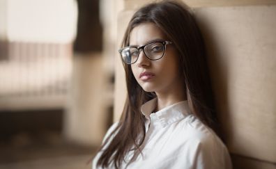 Girl model, glasses, brunette, white shirt