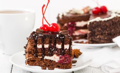 Cake, slice, food, cherry, dessert, 4k