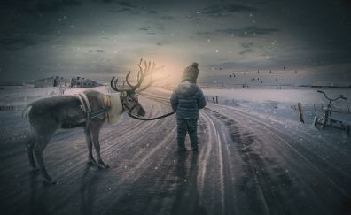 Wintry reindeer, boy, small child