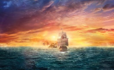 Pirate ship, sea, sunset, skull land