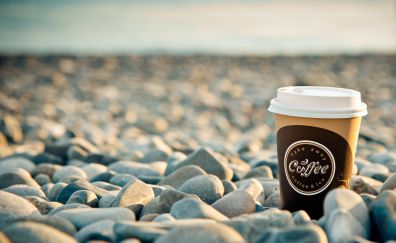 Coffee, rocks, beach, morning