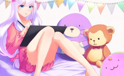 Sagiri Izumi, sitting on bed, with teddy bears