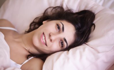 Girl, face, happy mood, pillow