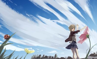 Anime, happy anime girl with flower