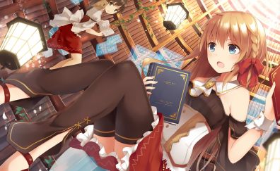 Library, book, anime girls, original