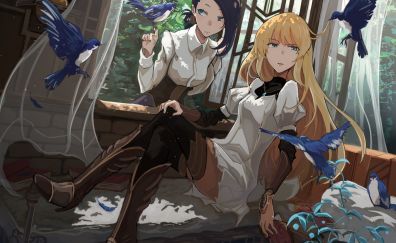 Anime girls and birds, blonde, original