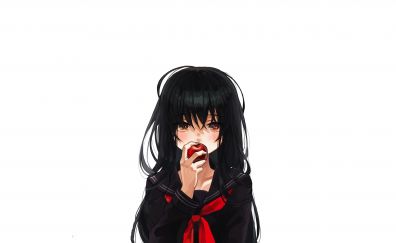 Black hair, anime girl, school dress, apple, original