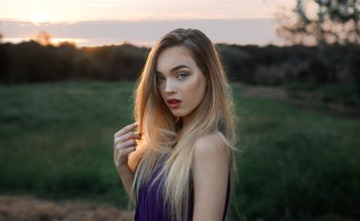 Blonde, girl model, sunset, outdoor